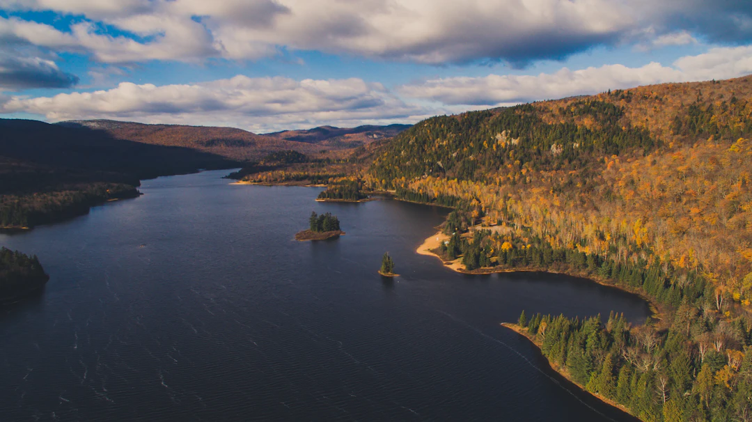 Vue aérienne d’un lac bordé de forêts aux couleurs d’automne